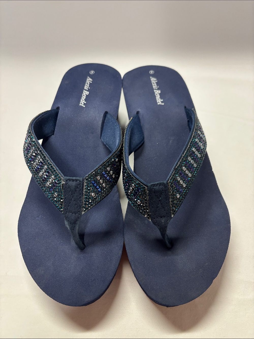 Alina Brandel Navy Crystal-Embellished Thong Sandals